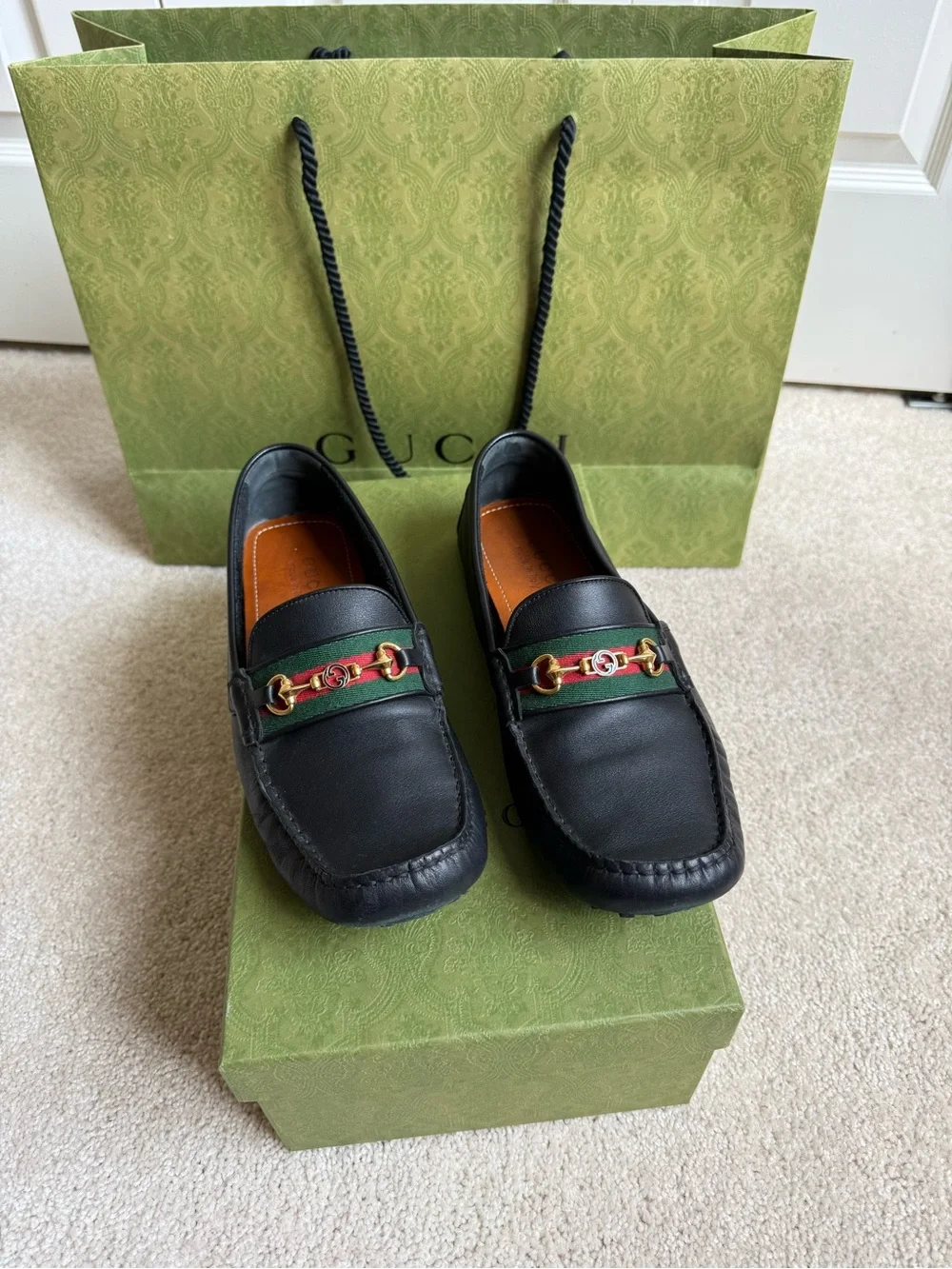 Gucci Black Leather Loafers with Green-Red Web & Gold Horsebit
